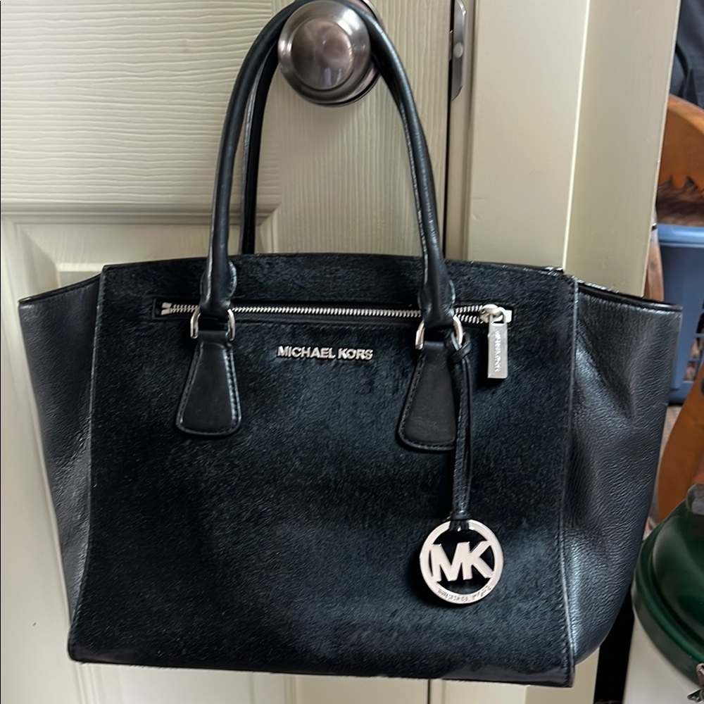 Michael Kors Black Leather Calf Hair Trapezoid Tote with Silver Hardware